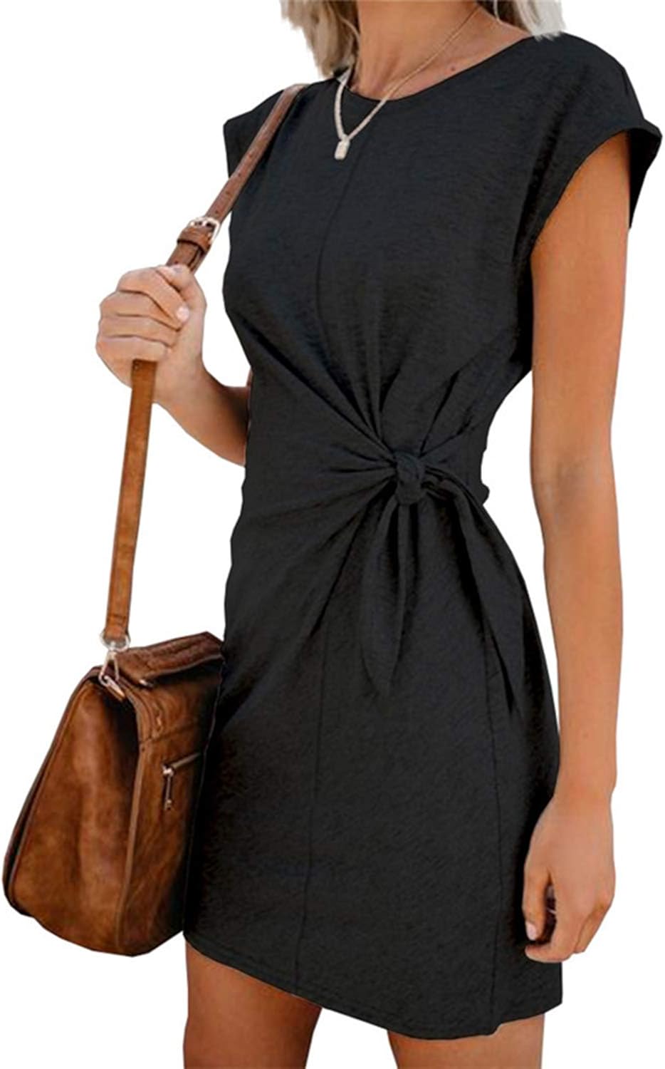 Women's Summer Elegant Casual Short Sleeve Solid Round Neck Tie Waist