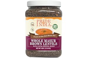 Pride Of India - Indian Whole Brown Crimson Masur Lentils - Protein & Fiber Rich Masoor Whole, 3.0 Pound Jar