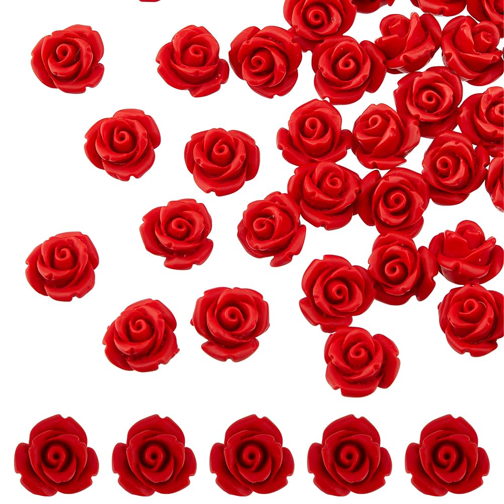 HOBBIESAY 50pcs Cinnabar Carved Rose Beads 10mm Flower Carving Loose Beads Carving Red Floral Beads for Jewelry Making Necklace Bracelet Earring Valentine's Day DIY Craft Supply Hole: 1.5mm