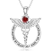 NFYBD Nurse Caduceus Birthstone Pendant Necklace for Women,925 Sterling Silver Angel Wings Nurse's Day Doctor Medical Jewelry Gifts for RN Registered Graduation Retirement