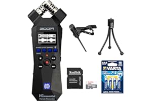 KELLARDS Zoom H1essential 2-Track 32-Bit Float Portable Audio Recorder Bundle with Omnidirectional Lavalier Microphone, 32GB Memory Card with SD Adapter, 4 Pack AAA Batteries and Compact Tabletop Tripod
