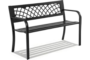 FDW Garden Bench,Outdoor Benches,Iron Steel Frame Patio Bench with Mesh Pattern and Plastic Backrest Armrests for Lawn Yard Porch Work Entryway,Black
