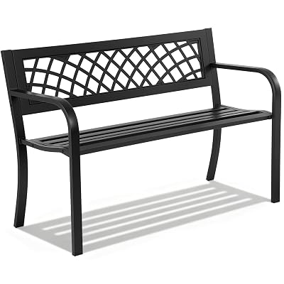 Garden Bench,Outdoor Benches,Iron Steel Frame Patio Bench with Mesh Pattern and Plastic Backrest Armrests for Lawn Yard Porch Work Entryway,Black
