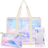 Yoojahow 3 Pcs Clear Iridescent Tote Bag Set | Waterproof Beach Bags, Large Tote Bag Cosmetic Bag Phone Pouch, Women Jelly Bags, for Travel Beach Pool Essentials