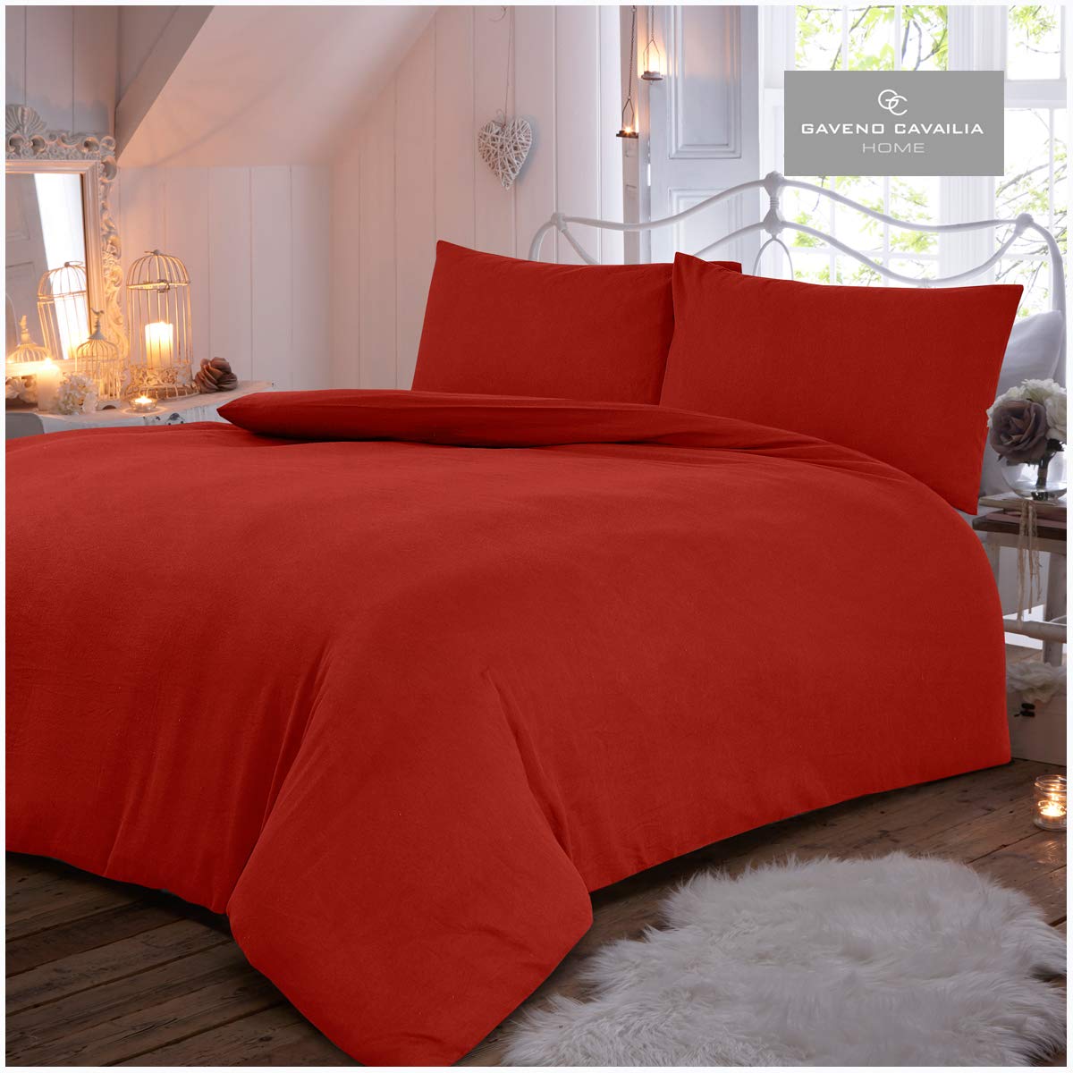 Gaveno Cavailia Luxury Brushed 100% Cotton Plain Dyed Flannel Duvet Set, [ King - Red ]