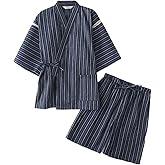 ZEALMAX Men's Kimono Japanese Jinbei Shirt and Pant Cotton Linen Loungewear Lounge Set Spa Bathrobe, Style 4 Random Pattern Multicolor