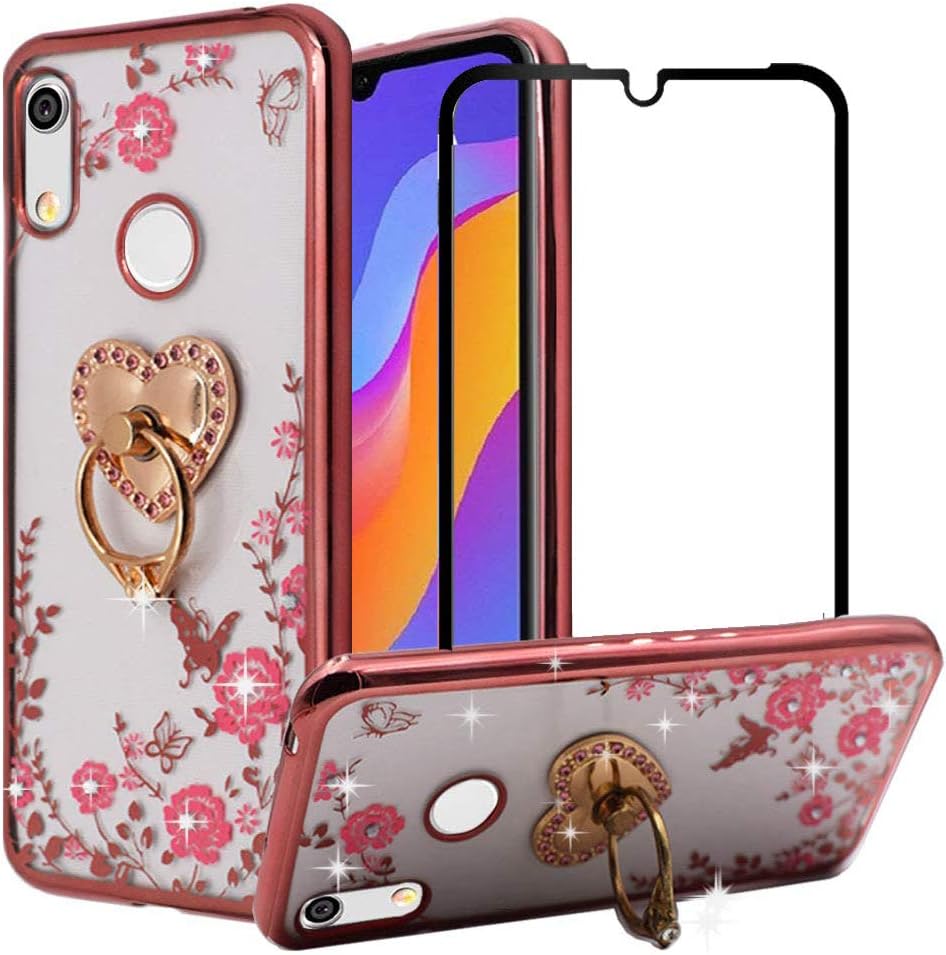 BetterAmy for Huawei Honor 8A / Play 8A / Y6 2019 Case & Tempered Glass Screen Protector,Slim Fit Soft Gel Jelly Clear Crystal Bling TPU Cover & Flexible Metal Ring Holder Grip,Love