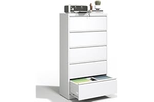 BIZOEIRON 5 Drawer Lateral File Cabinet with Lock, Metal Filing Cabinets for Home Office, Steel Storage Wide File Cabinet for Letter/Legal/F4/A4 Size with Hanging Bars, Assembly Required (White)