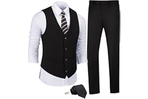 JPF Men's 2 Piece Slim Fit Suit Set, Solid Vest and Pants Suit for Men with Tie