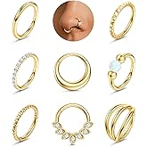 LOLIAS Septum Nose Rings Hoops - 316L Surgical Steel Septum Rings CZ Opal Silver 14K Gold Plated Hoop Nose Ring for Women 16G/18G Clicker Cartilage Earring Conch Daith Nostril Piercing Jewelry 8mm/10mm 8Pcs