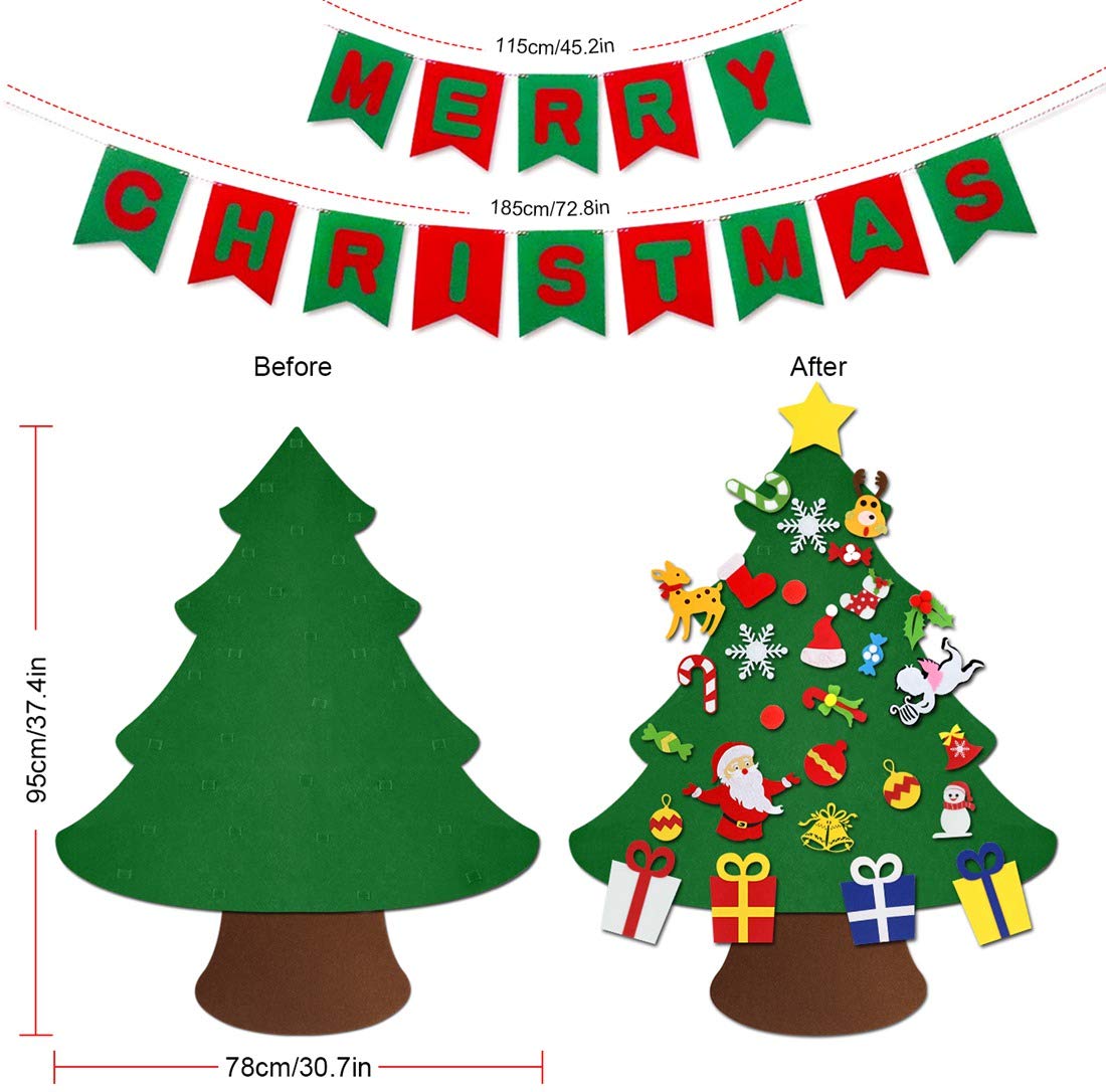 VDROL Felt Christmas Tree with Merry Christmas Banner Wall Hanging & 29Pcs DIY Friendly Detachable Hanging Xmas Ornaments Xmas Kids Gifts Christmas Decorations