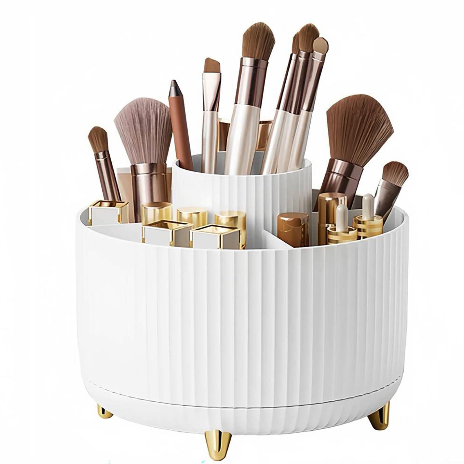 DONGDA 360° Rotating Makeup Organiser, Makeup Brush Holder with 5 Compartments, Spinning Desk Organiser Cosmetic Organizer, Rotating Cosmetics Brush Organiser for Vanity Desk, Table, Office (White)