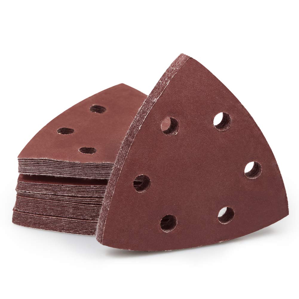 SPEEDWOX 50 Pcs Triangle Sanding Pads Hook and Loop 320 Grit Oscillating Sanding Pad 90mm 6 Holes Fit 3-1/2 Inches Oscillating Multi Tool Detail Sander Sandpaper Triangle Sanding Discs Sanding Tool