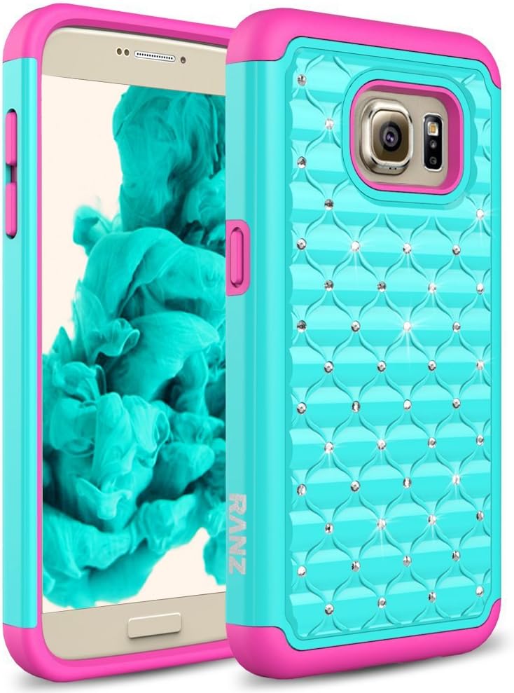 RANZ SAMS7-SPFPD Galaxy S7 Case, Spot Diamond Studded Bling Crystal Rhinestone Dual Layer, Hybrid Cover Silicone Rubber Skin Hard Case - Hot Pink/Turquoise