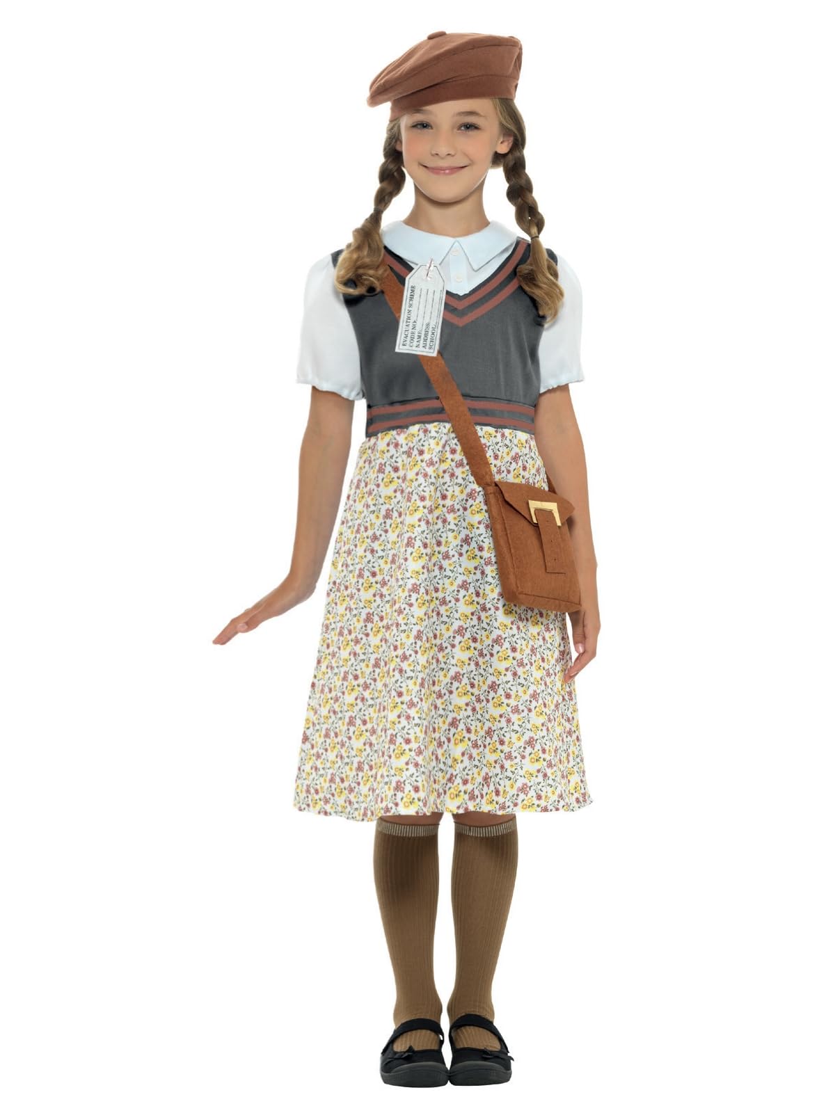 Smiffys Evacuee School Girl Costume, Grey with Dress, Hat, Bag & Name Tag, Girls Fancy Dress, Child Dress Up Costumes