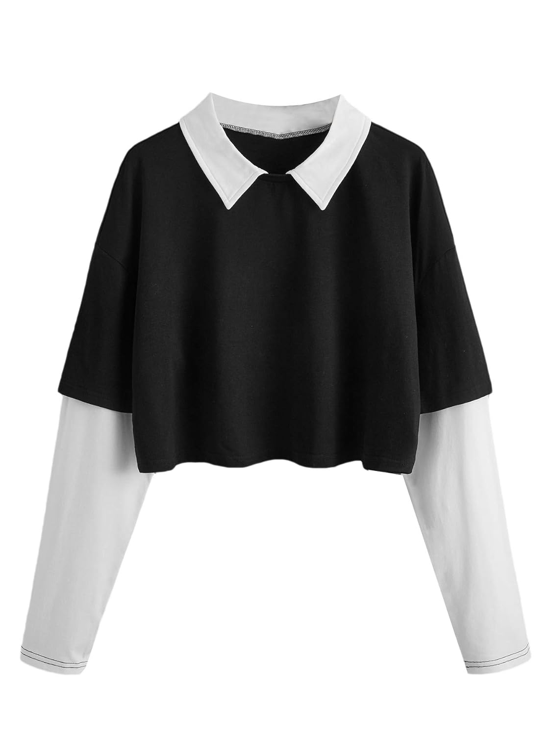 SheIn Women's Colorblock Long Sleeve T Shirts Collar 2 in 1 Crop