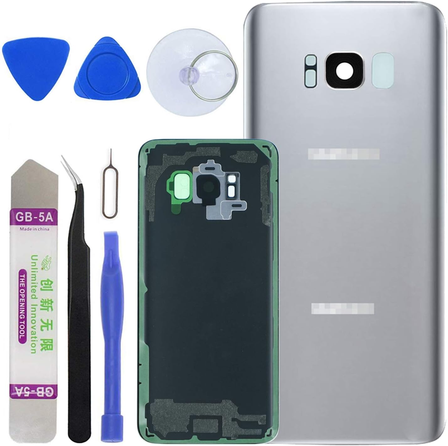 LUVSS Rear Glass Assembly for [Samsung Galaxy S8] G950 Back Glass Panel Replacement + Camera Glass + Flash Lens Cover Case Housing with Opening Tools Kit (Silver)