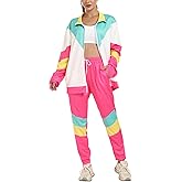 Arssm Retro 80s 90s Outfit Sets for Women Color Block 2 Piece Tracksuit Windbreaker Jacket Set