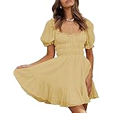 MIYIEONZ Women's Square Neck Puff Sleeve Mini Dresses Ruffle Elastic Waist A-Line Elegant Summer Casual Flowy Mini Dress