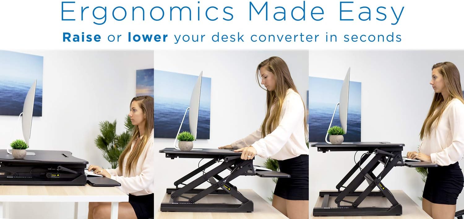 Mount-It! Height Adjustable Standing Desk Converter | 35” Wide Desktop | Sit-Stand Desk with Gas Spring Handle | Stand Up Computer Workstation Fits Dual Monitors | Black (MI-7955) : Office Products