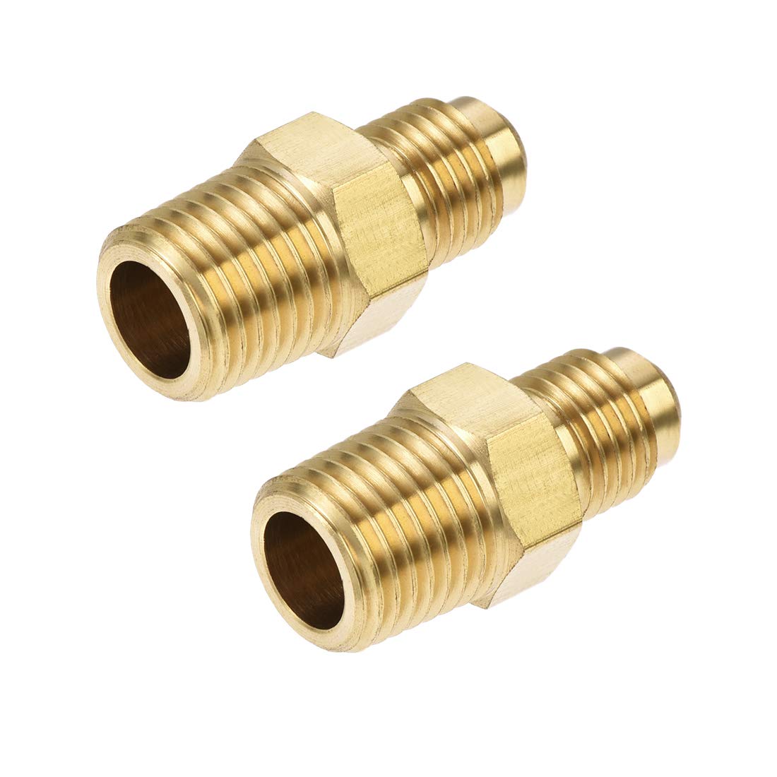 sourcing map Brass Pipe Fitting, 1/4 SAE Flare to 1/4NPT Male Thread, Tubing Adapter Hose Connector, for Air Conditioner Refrigeration, 2Pcs