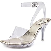 NBUUNBU Clear Heels for Women Sexy Transparent Strappy Ankle Straps Shoes Platform High Kitten Heel Slingback Square Toe Stiletto Comfortable Sandals Mules Pumps