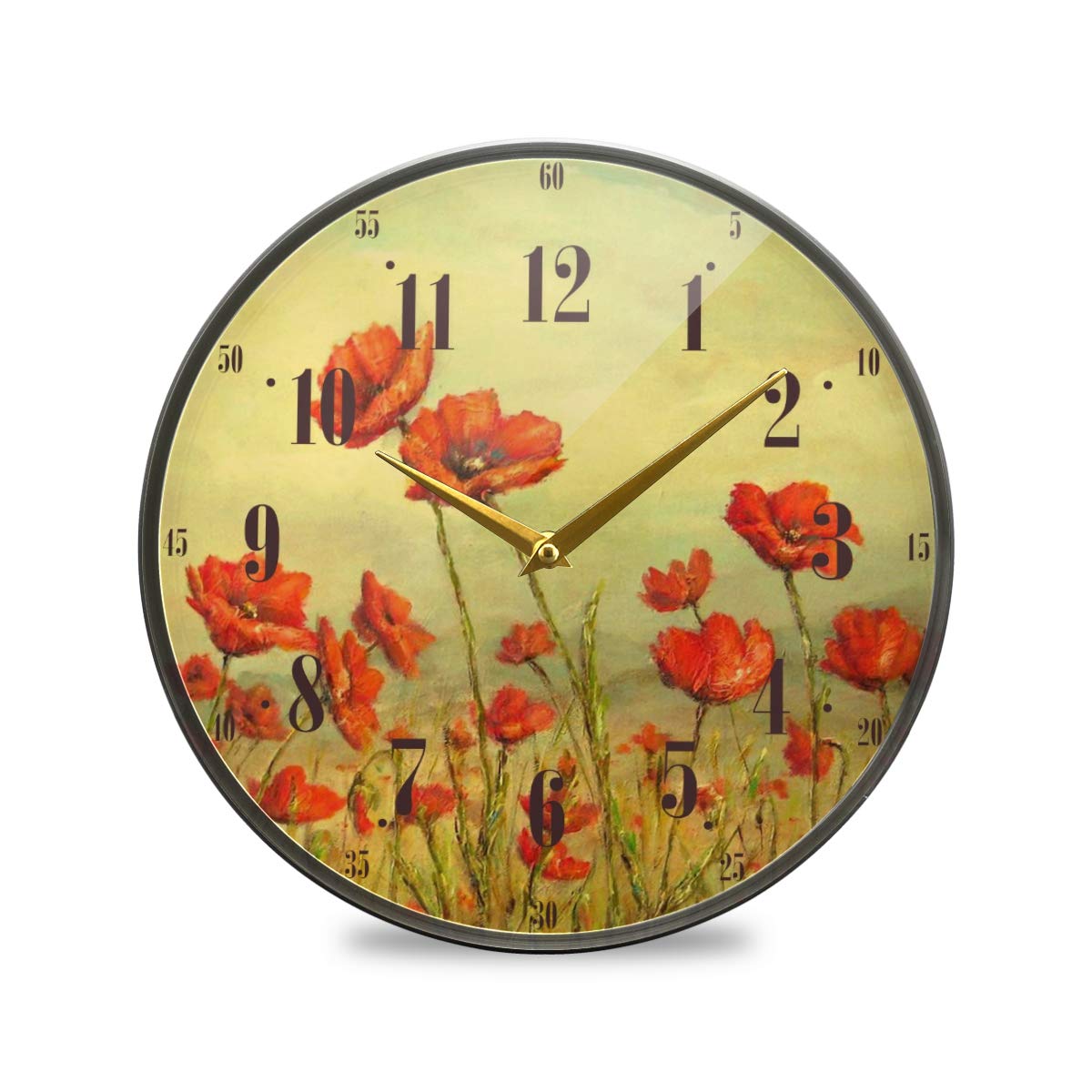 ALAZA Large Round Silent Wall Clock, Vintage Flowers Poppy Non Ticking Clock for Living Room Kitchen Bedroom Office Ornaments Decorative,Desktop Stand