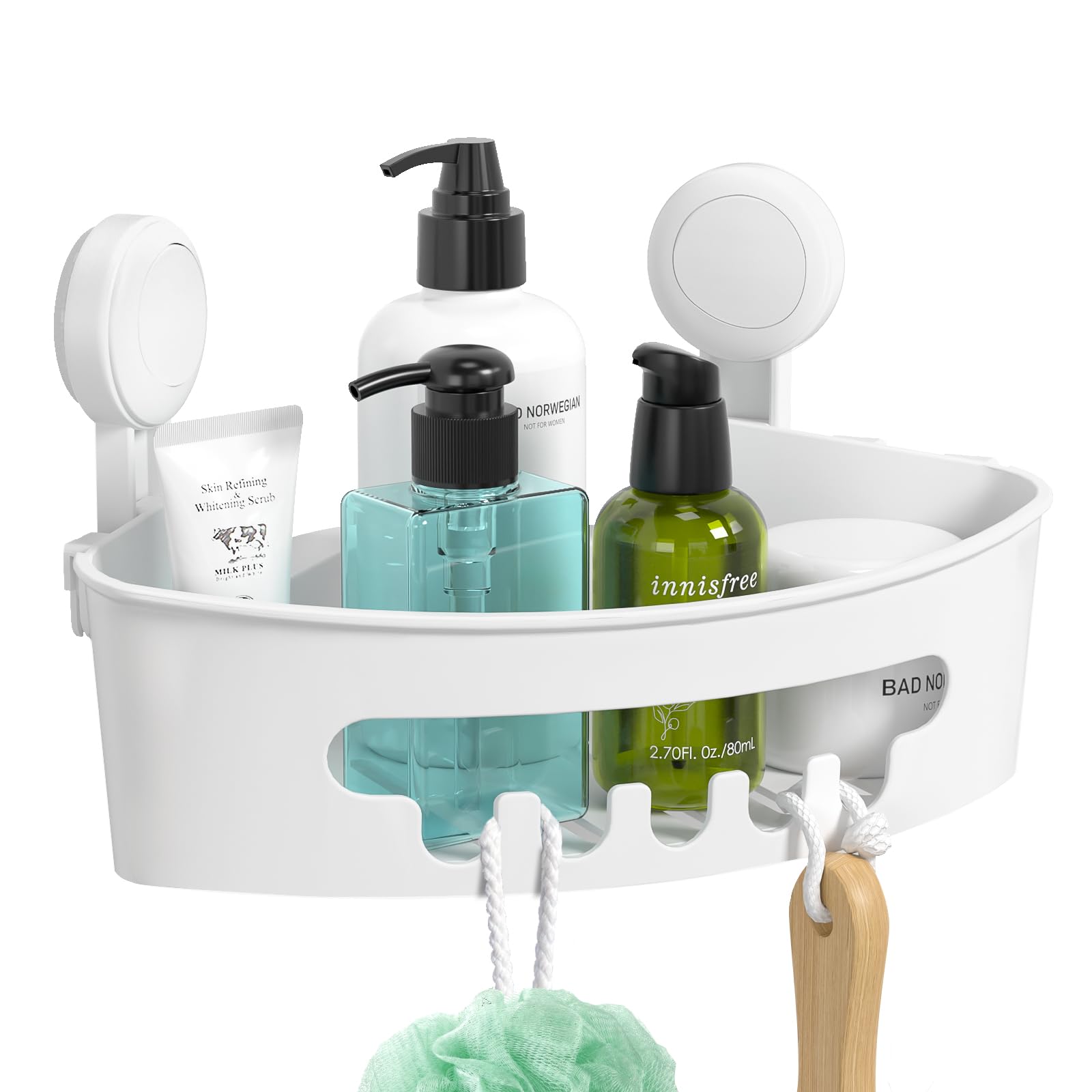 ilikable Corner Shower Caddy Vacuum Suction Cup Organizer No-Drilling Removable Shower Shelf with Hooks Wall Mounted Storage Basket for Shampoo Conditioner Razors Soap-Creamy white