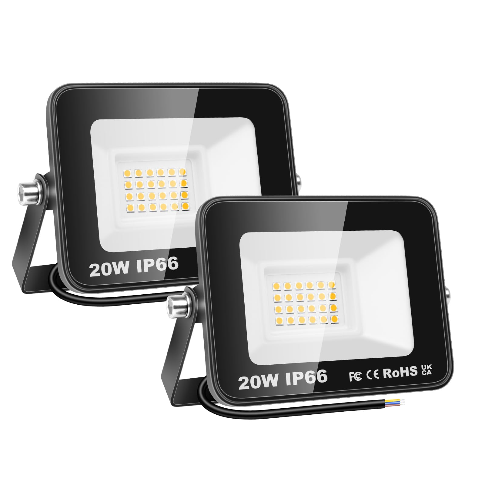 PICAA 2PCS 20W LED Flood Lights Outdoor, Super Bright Security Lights, IP66 Waterproof Floodlight, Warm White (3500K) Wall Light, Perfect for Garden, Yard, Garage, Patio,Warehouse, Parking Lot