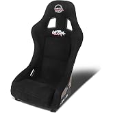 NRG Innovations Black Bucket Racing Seat, Vegan Suede, Large | Features exclusive Ultra embroidery, pearlized FRP back, phone pocket cushions, and 5-point harness compatibility.