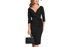 MUXXN Women's Vintage Faux Wrap V Neck 3/4 Sleeve Formal Classic Party Work Dress with Belt