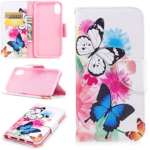 Wallet Leather Case for iPhone X, Anti-scratch Unique Pattern with Card Slots &amp; Kickstand, Full Body Protective Embedded Magnetic Flip Folio Cover for iPhone X/iPhone 10 (5.8) - Flower Butterfly