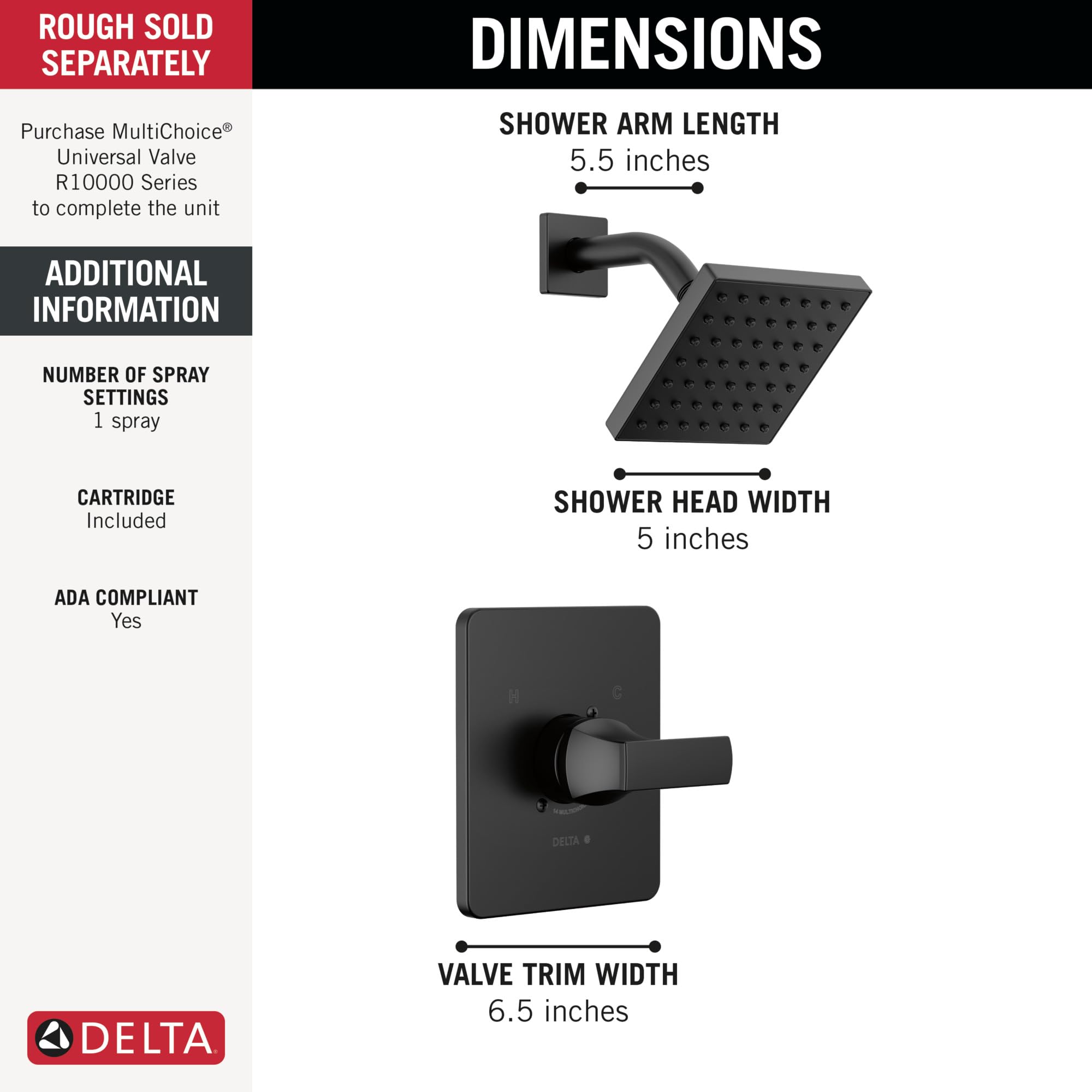 Delta Velum 14 Series Shower Faucet Set, Matte Black Shower Head and Handle Set, Valve Trim Kit, Matte Black T14237-BL (Valve Not Included)