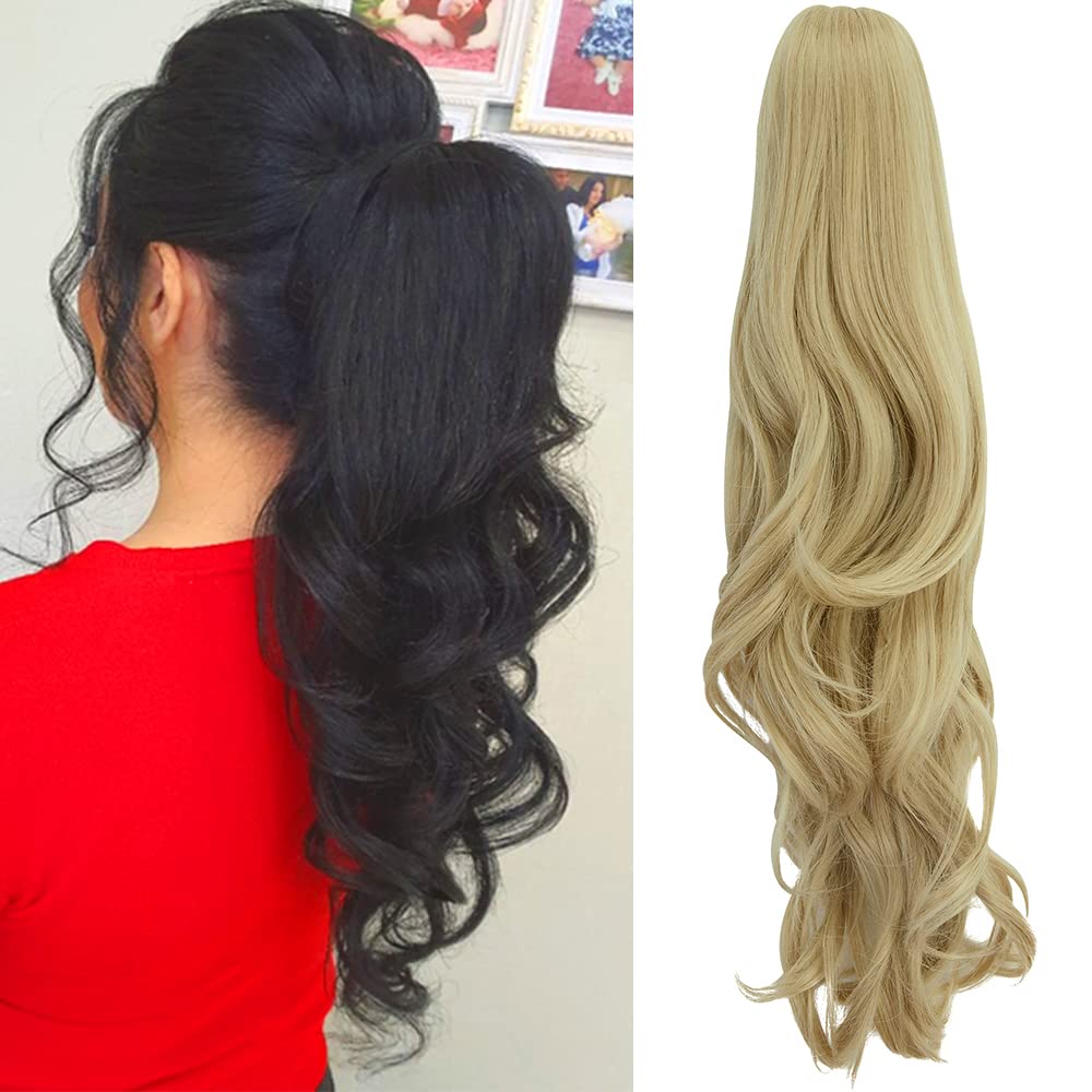 OMGREAT Ponytail Extension 18" Long Straight/Curly Claw Ponytail Hair Extension One Piece Clip-In Synthetic Hairpiece - Sandy Blonde Mix Bleach Blonde