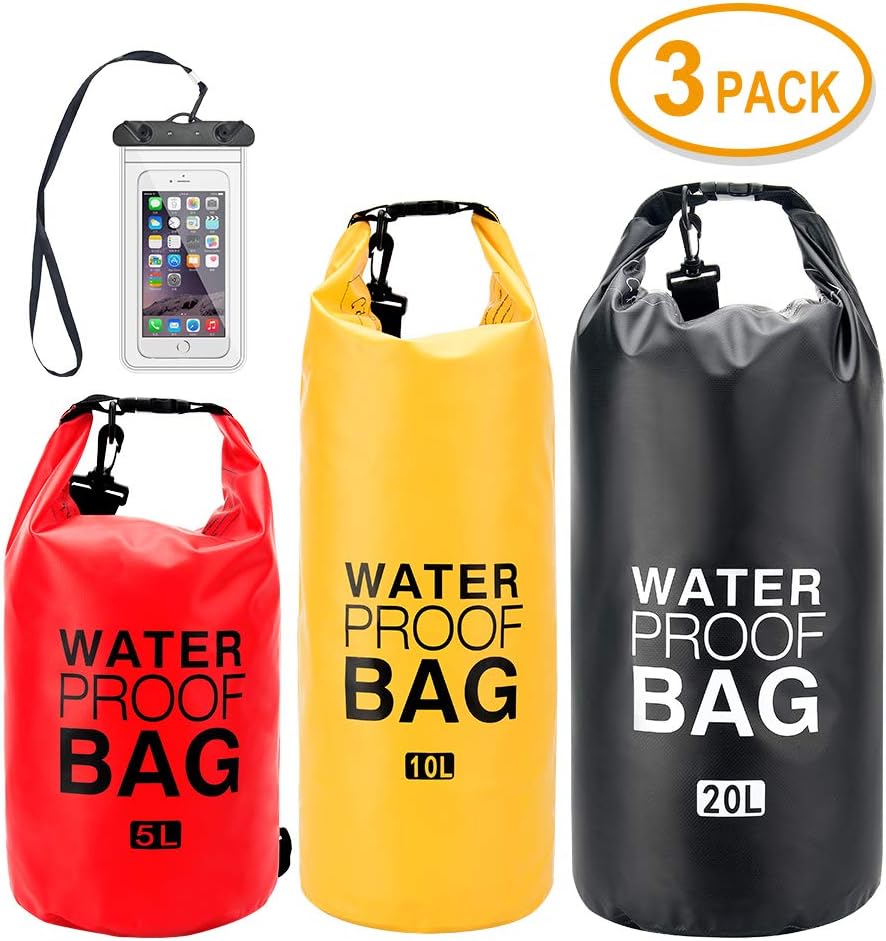 ATOO - Set of 3-5L/10L/20L - Waterproof Dry Bag with Shoulder Stripe, Roll Top Sack Keeps Gear Dry for Kayaking, Beach, Rafting, Boating, Hiking, Camping and Fishing with Free Waterproof Phone Case