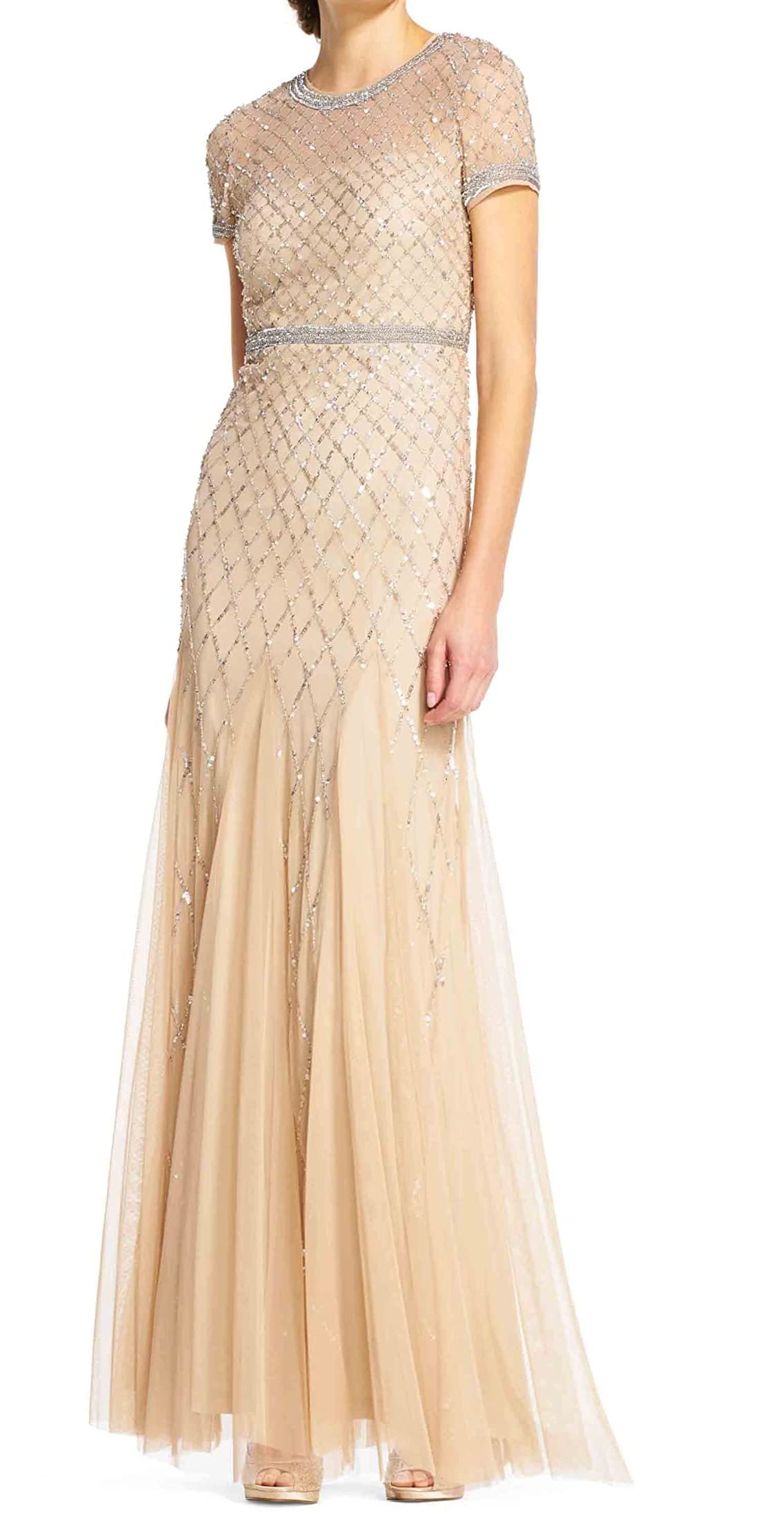 Photo 1 of Adrianna Papell Women's Short-Sleeve Grid Beaded Gown, Champagne, 8