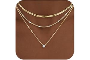 WomenGifts Layered Gold Necklaces for Women, 14K Gold Sterling Silver Plated Dainty Pendant Necklace Set with Cubic Zirconia Circle, Chunky Stackable Cuban Chain Choker, Trendy Holiday Waterproof Jewelry Gift