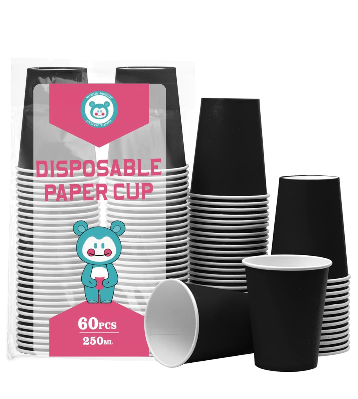 Yuxitia Black Disposable Paper Cups,60pcs Paper Cups For DIY Wedding Christmas Party Picnic BBQ Travel and Event 8OZ (Black)