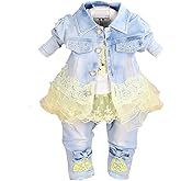 Yao Baby Girls Denim Clothing Sets 3 Pieces Sets T Shirt Denim Jacket and Jeans