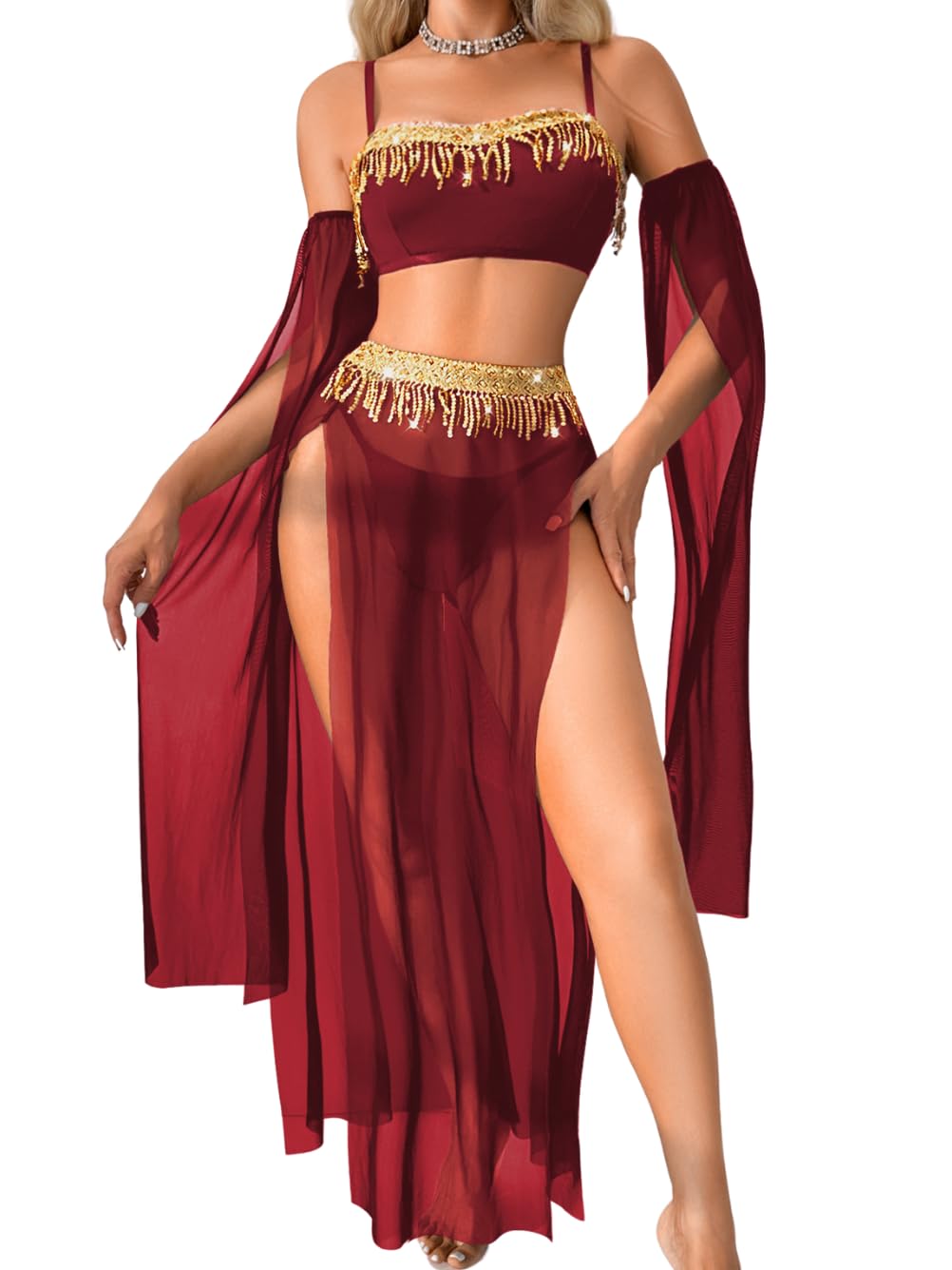 Photo 1 of ShawGobow Exotic Wear Dancer Outfits,High Slit Skirt Sexy Lingerie For Women,Belly Dance Costume Cosplay Festival Burgundy Small