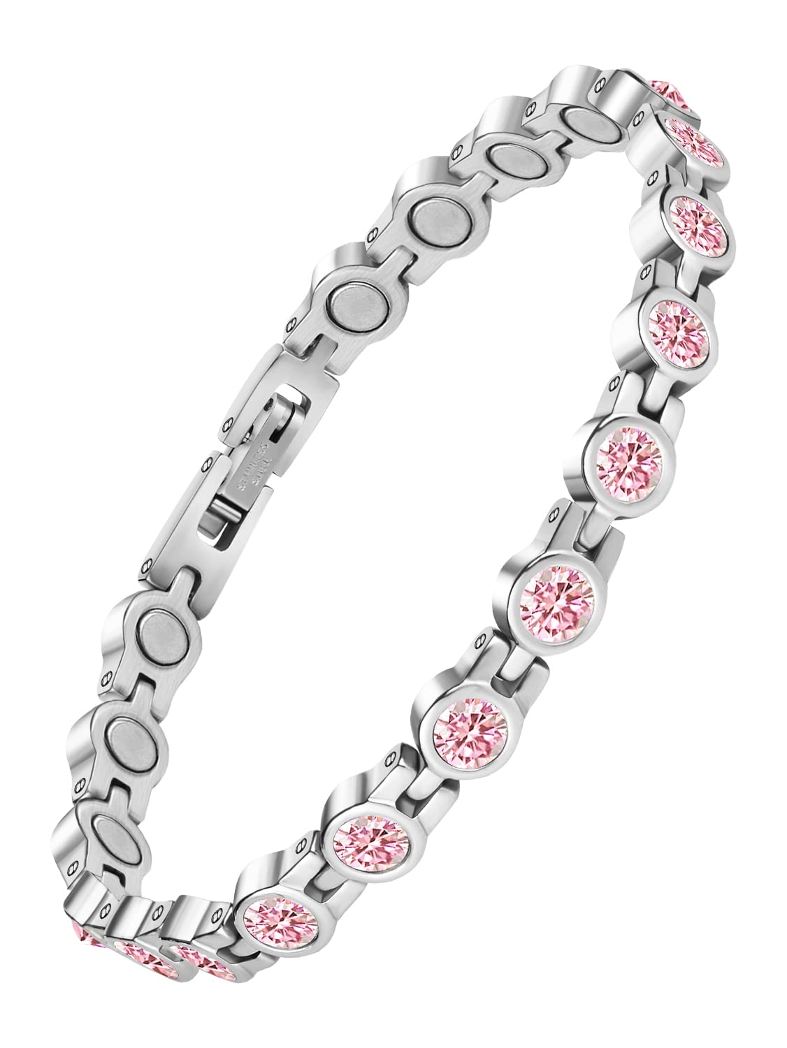 JEROOT Women’s Magnetic Bracelet, Pink Crystals, Stainless Steel, 3500 Gauss, 8.27 Inches, Tennis Chain, Lobster Claw Clasp