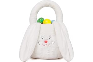 OurHonor Easter Basket Plush, Bunny Easter Basket For Kids, Lovely Plush Easter Buckets With Long Floppy Ear Easter Bags for Boys Girls, Easter Tote Bags For Decorations Candy Gifts Storage (White)