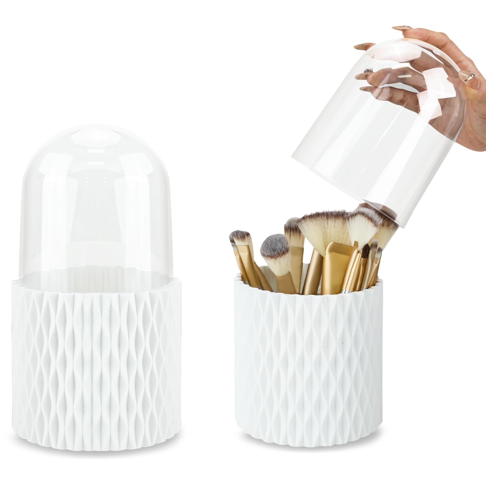 IBEQUEM 2 Pack Makeup Brush Holder, 360-Degree Rotating Makeup Brush Organizer with Clear Acrylic Lid, Dustproof Waterproof 5 Slot White Pencil Storage Cup for Desktop Countertop Vanity