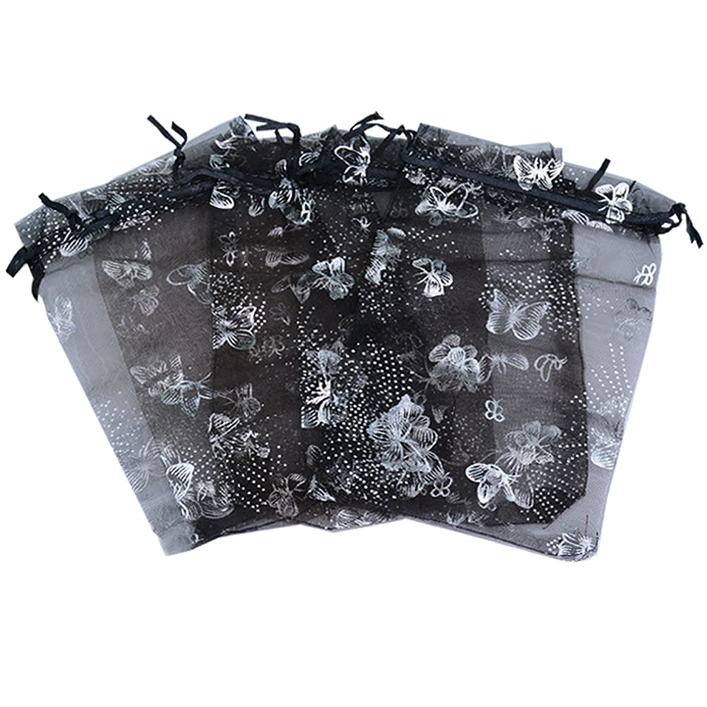 Tovip Wholesale 100PCS Organza Bag Butterfly Design Wedding Pouches Jewelry Packaging Bags (Black, 5x7 (13x18cm)) — image 1