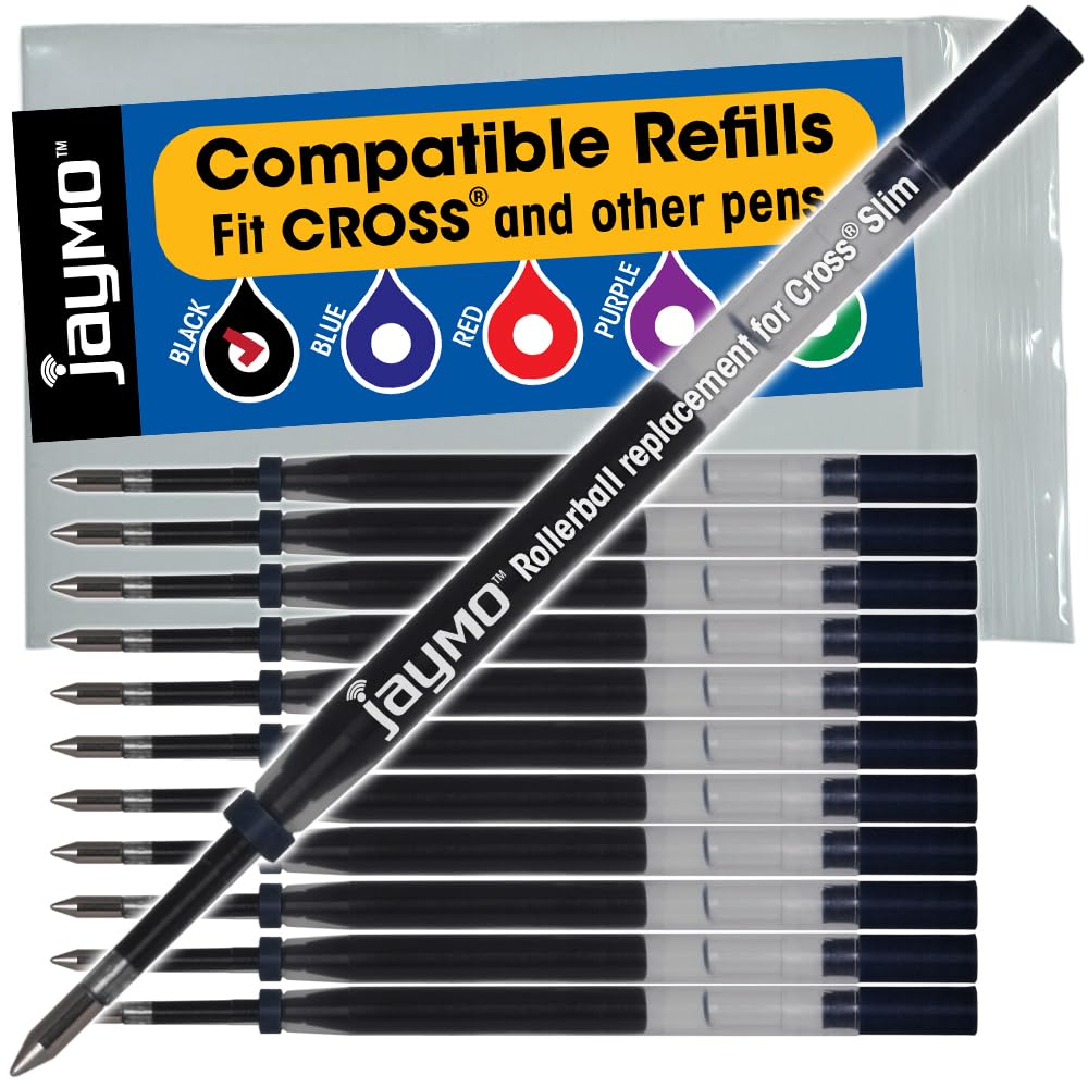Jaymo Replacement for Cross Slim 8910-1 - Measures 4 in / 102 mm Long - Gel Rolling Ball Pen Refill - 12 Black — image 1