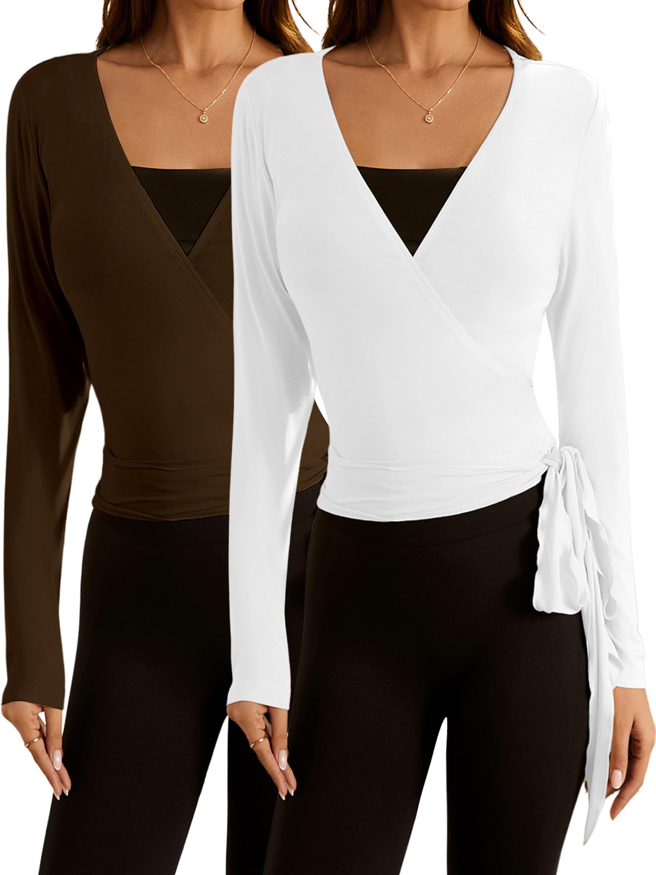 Photo 1 of SweatyRocks Women's Y2k Pilates Wrap Tops Ballet Yoga Coquette Shirt Cute Long Sleeve Workout Activewear Brown and White X-Small