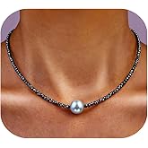 GEMTAL Single Pearl Choker Pendant Necklaces for Women, Natural Gemstone Womens Black Stone Beaded Choker Necklace, Dainty Round Freshwater Pearl Handmade Jewelry Gift Women Birthday Bridesmaids Anniversary 16 18 inch