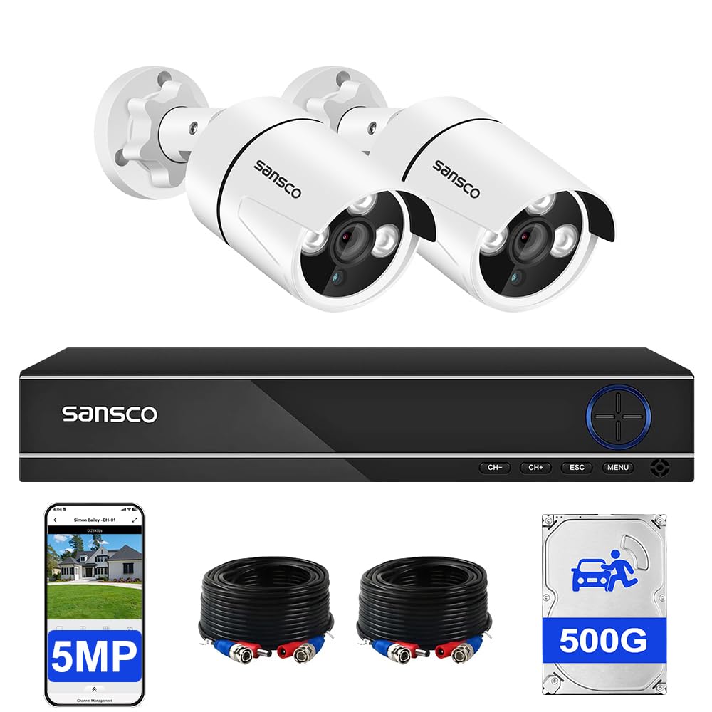 SANSCO 5MP 4 Channel Wired CCTV Security Camera System, 4CH DVR with 500GB Hard Drive, 2x 3K Home Outdoor Surveillance Cameras, Color Night Vision, Audio Recording, Human Face Vehicle Detection, P2P