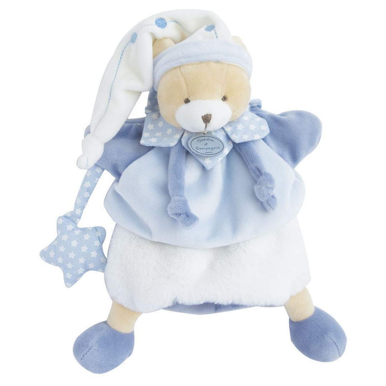 DOUDOU ET COMPAGNIE - Bear Petit Chou - Hand Puppet Soft Toy - Size 28 cm - Blue/White - Very Soft - For Children of All Ages - Gift Idea for Birth/Baby - DC3081