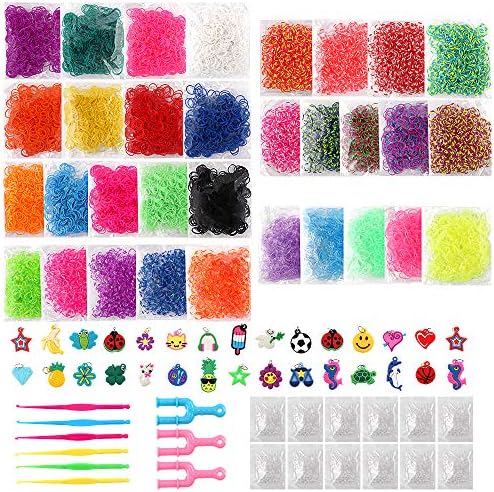 YIQIHAI 15140 Rainbow Rubber Bands Refill Kit for Bracelet Weaving DIY Craft Gift Set Include 14500 Loom Bands in 32 Colors with 600 Clips 6 Hooks 30 Charms 3 Y Loom